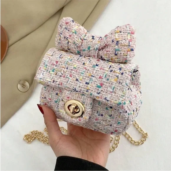 Chic Pink & Rainbow Multi Tweed Mini Flap Crossbody Bag w Top Bow OS New - Picture 4 of 6